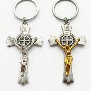Llavero San Benito con Crucifijo y Medalla – Protección Espiritual | Plateado o Bicolor